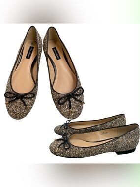 Town Shoe Taryn Rose Glitter Ballet Flats with Black Bow S6